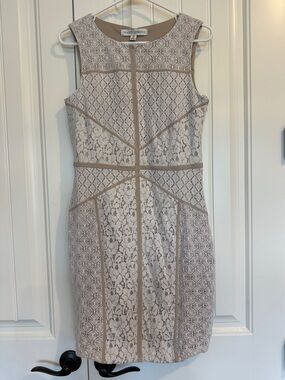 Maggy London Beige Lace Sheath Dress with Geometric Trim